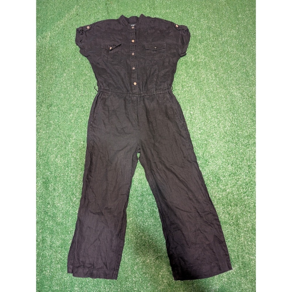 Lauren Ralph Lauren Linen Jumpsuit Wide Leg Button Up Black Size 8 (No Belt)